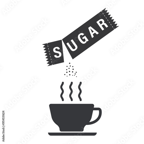 Isolated pictogram of torn sugar packet with granules pouring out in to a cup of hot beverages