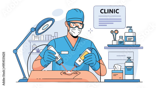 Medical Procedure: A skilled medical professional performs a detailed procedure within a sterile clinic environment.