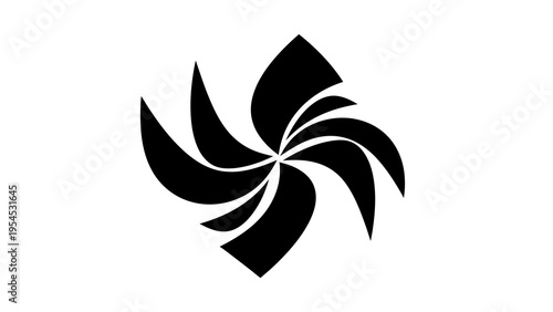 Black silhouette of an abstract geometric design with a spiral shape, resembling a pinwheel or a stylized flower, set against a clean white background, ideal for use as a vector