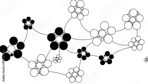 Black silhouette abstract geometric vector illustration of interconnected circles and lines forming a network on a white background, representing business and abstract concepts in a simple