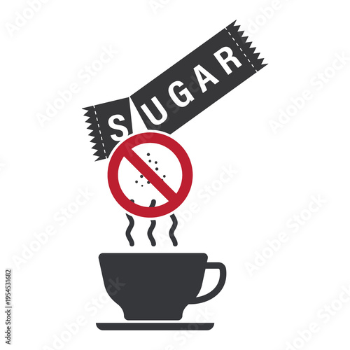 Isolated prohibition sign of torn sugar packet indicating no sugar, no added sweetener, health awareness, diet control, and diabetes prevention concept