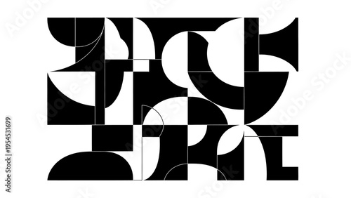 Black silhouette abstract geometric shapes form a complex design on a white background, creating a visually striking abstract art piece with a business aesthetic.
