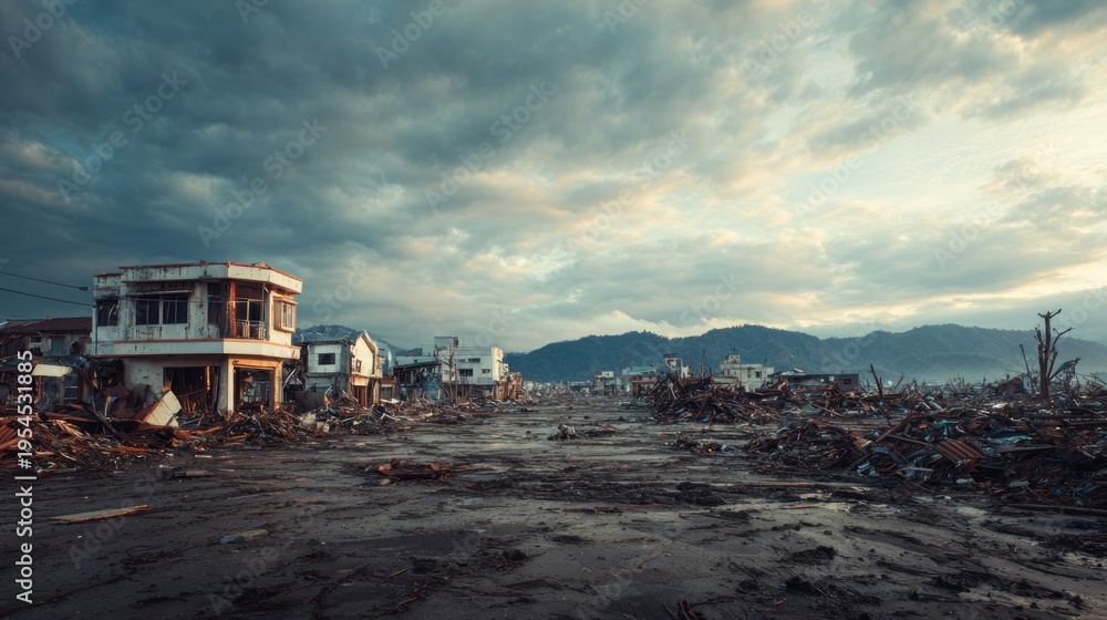 Obraz premium Devastation after natural disaster, aftermath of earthquake or tsunami