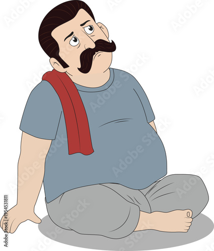 2D Cartoon Overweight Indian Man Thinking Looking Up Vector Illustration