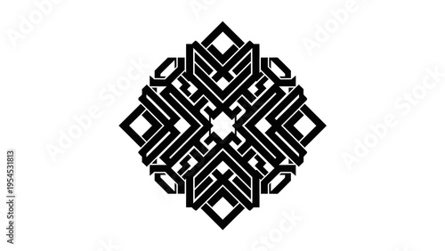 Black silhouette of an abstract geometric design on a white background, featuring a symmetrical pattern of interconnected shapes and lines, creating a visually striking illustration.