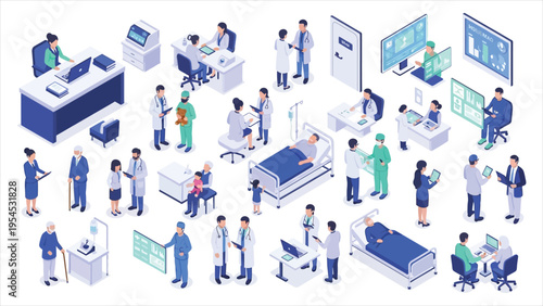 Isometric Healthcare Illustration – Doctors, Medical Workers, Patients, Hospital Reception, and Technology in Medical Settings, Vector Concept