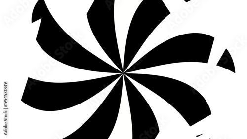 Black silhouette abstract geometric design of a stylized flower or pinwheel on a white background, creating a dynamic and modern art piece with a sense of movement.