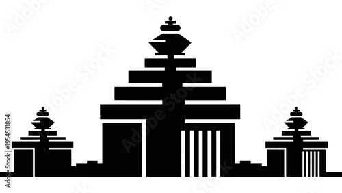 Black silhouette of an abstract geometric temple design against a white background, featuring a stylized illustration of a pagoda-style building with multiple tiers and a flat, modern