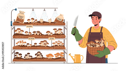Mushroom Farm Harvest: A cultivator meticulously harvests a basket of fresh mushrooms while tending to the growing beds. The scene showcases sustainable food production and agricultural expertise.
