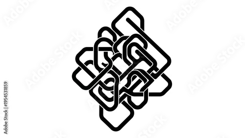 Black silhouette of an abstract geometric design on a white background, featuring interconnected shapes and lines in a stylized illustration.