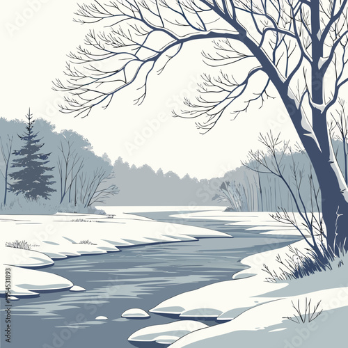 The frozen river lay silent beneath a blanket of snow, its once lively current now hidden beneath layers of winter’s stillness.