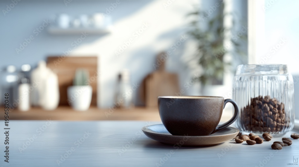 Fototapeta premium Aromatic coffee cup on a bright kitchen countertop, evoking relaxation
