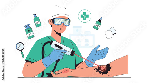 Tattoo Removal Illustration: A medical professional employing advanced laser technology, meticulously removing a tattoo on a person's arm within a sterile and advanced medical setting.