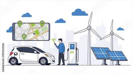 Man Charging EV at Station, Locating Nearby Charging Points via Smartphone App, with Solar Panels and Wind Turbines Representing Green Energy, Vector Illustration