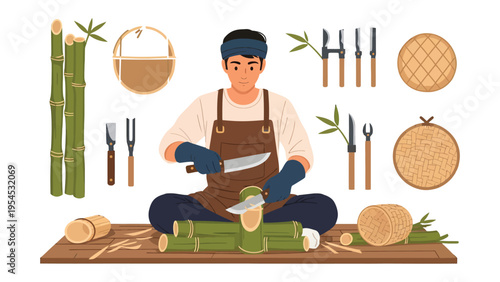 Artisan at Work: An artisan meticulously carves bamboo, showcasing the craft, detail, precision, and dedication to traditional craftsmanship. A testament to cultural heritage and skill.