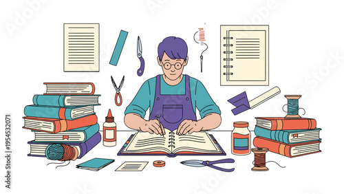 The Art of Crafting: A craftsman diligently focuses on the meticulous process of bookbinding amidst an array of tools and materials.