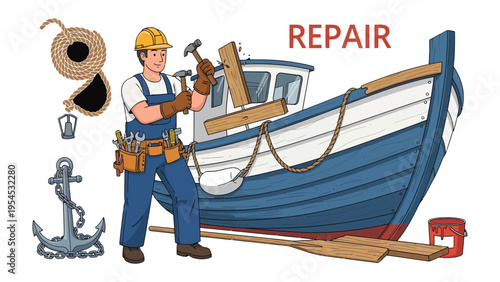 Boat Repair: An illustration depicts a craftsman diligently repairing a boat, highlighting the process of restoration and maintenance. 