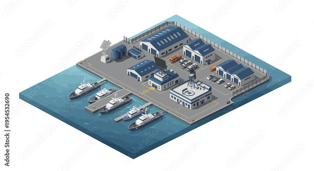 Obraz premium Isometric illustration of a military base with aircraft, tanks, and buildings on a blue platform surrounded by water with several boats docked at the side.