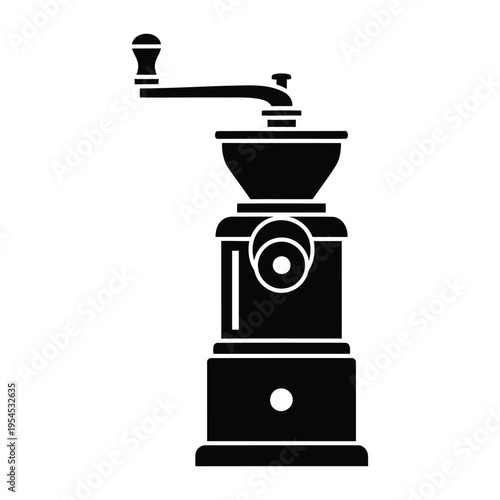 A black silhouette of a manual coffee grinder on a white background.