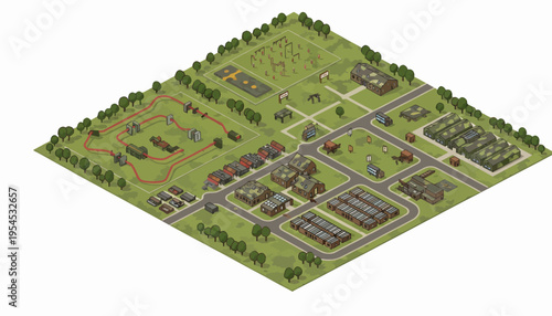 Isometric view of a detailed military base with various buildings, vehicles, and structures on a green terrain with trees and roads.