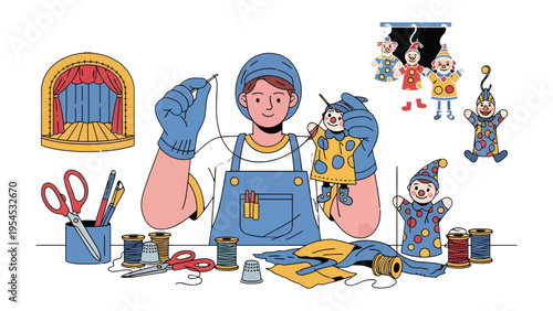 Puppet Master's Craft: A dedicated artisan meticulously crafts a whimsical puppet, surrounded by tools of their trade, a stage beckoning, embodying creativity and skill.