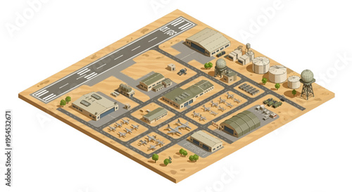 Isometric illustration of a military base with various buildings, aircraft, and tanks on a sandy terrain with green trees and a runway.