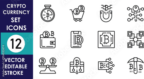 Minimal cryptocurrency icon set featuring wallets transactions blockchain connections mining devices digital payments secure finance symbols in clean vector outline style on white background
