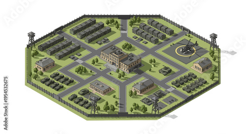 Aerial view of a military base with various buildings, roads, and military tanks, surrounded by a green perimeter fence on a white background.