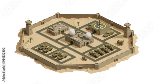 Isometric illustration of a military base with a central building, surrounded by defensive towers and a grid of military tanks and aircraft on a beige and green terrain.