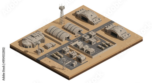 Isometric illustration of a detailed military base with various buildings, tanks, and aircraft on a flat, beige surface against a clean white background.