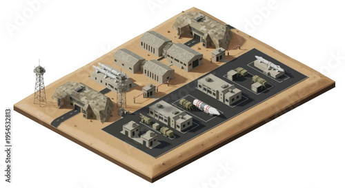 High-angle view of a detailed military base model with various buildings and a tank on a wooden platform against a clean white background.