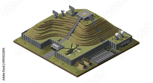 Isometric illustration of a military base with a large earthwork structure, featuring a helicopter, tanks, and aircraft on a green landscape with a gray building and fence, conveying a