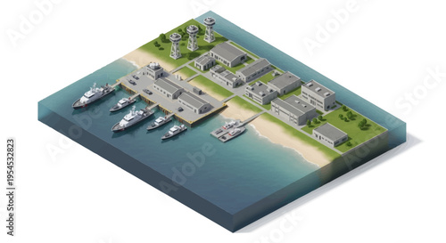 Isometric illustration of a military base with buildings, tanks, and aircraft near a harbor, showcasing transportation and business infrastructure on a white background.