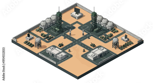 Isometric illustration of a military base with various buildings, tanks, and aircraft on a flat, beige terrain with a simple design.