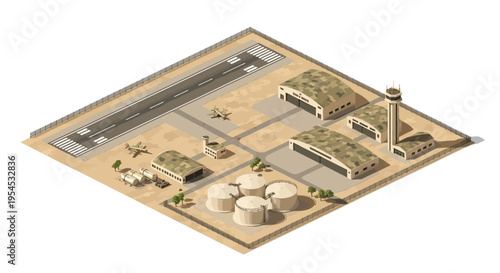 Isometric illustration of a military base with aircraft, tanks, and buildings on a sandy terrain with green accents.