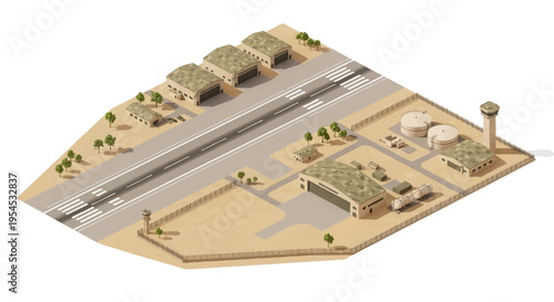 Isometric illustration of a military base with buildings, vehicles, and tanks on a desert landscape with a road and trees, showcasing a transportation hub in a business or industrial