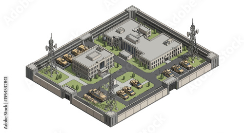 Isometric illustration of a military base with buildings, tanks, and aircraft, surrounded by a wall and towers on a plain background.