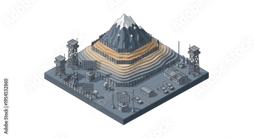 Isometric illustration of a futuristic military base with a large mountain in the background and various military tanks and aircraft on a square platform against a clean white background.
