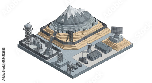 Isometric illustration of a military base with a large dome-shaped building, featuring various military vehicles and equipment on a flat, layered terrain with a mountain backdrop,
