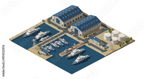Isometric illustration of a military base with a large building, military aircraft, and tanks near a harbor with several boats and ships docked, showcasing various transportation and