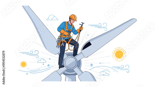 Wind Turbine Maintenance: A dedicated technician diligently maintains a towering wind turbine, representing the crucial role of renewable energy sources in a sustainable future.
