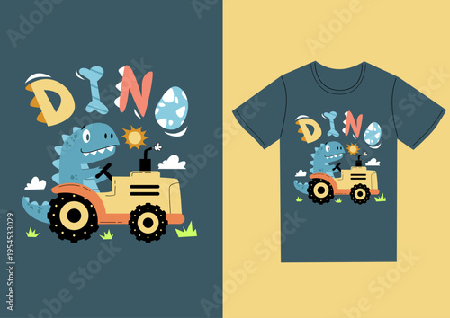 cute flat cartoon style blue dinosaur t rex in yellow Excavator vector design for kids apparel
