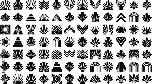 Large grid of black art deco and fan-shaped decorative elements Keywords: art deco, fan shape, sunburst, geometric, flourish, ornament, divider, decorative, elegant, design element, graphic