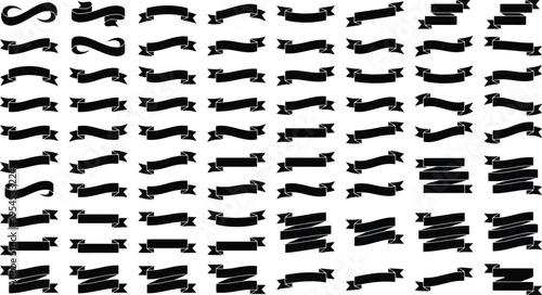 Large Collection of Black Ribbons and Banners in Various Styles on White Background Keywords: ribbon, banner, flag, scroll, label, tag, design element, graphic, black and white, collection, set