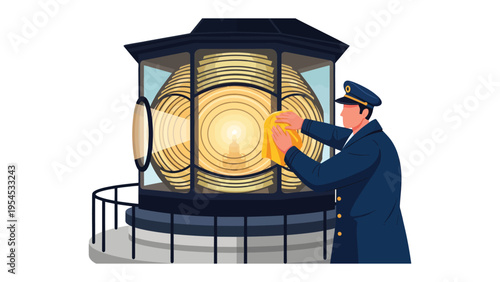 Guiding Light's Keeper: A dedicated lighthouse keeper meticulously cleans the iconic beacon, ensuring safe passage for sailors under a starry expanse.