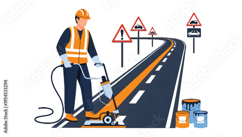 Road Work: A dedicated road worker meticulously paints vibrant lane markings on a freshly paved highway, guiding vehicles towards safety. The scene evokes a sense of order, precision.
