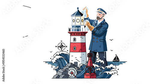 Guardian of the Coast: A stalwart lighthouse keeper tends to his beacon, standing resolute amidst the crashing waves, symbolizing guidance, safety, and unwavering vigilance.