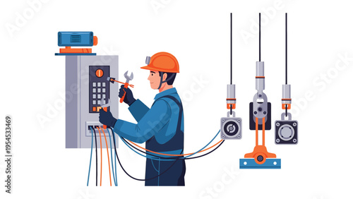 Electrical Engineer: An electrical engineer, helmeted and focused, meticulously works on intricate electrical components and machinery in a modern industrial setting. 