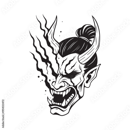 Fierce black and white Japanese oni demon mask tattoo style art
