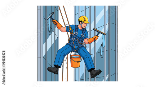 A Sky-High Task: A brave individual suspended high above the ground, diligently cleaning towering glass windows.  Witness dedication and safety.